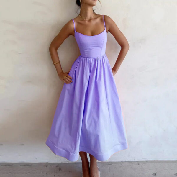 2025 Spring Women's Sexy U Neck Ruffled Waist Off Shoulder Maxi Dress Solid Color - 图片 3