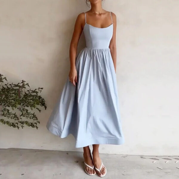 2025 Spring Women's Sexy U Neck Ruffled Waist Off Shoulder Maxi Dress Solid Color - 图片 4
