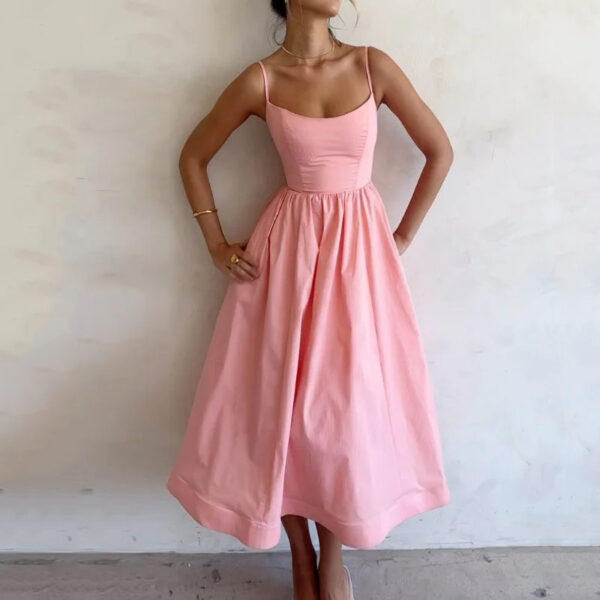 2025 Spring Women's Sexy U Neck Ruffled Waist Off Shoulder Maxi Dress Solid Color - 图片 5