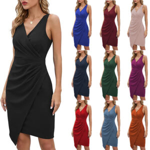 Aggii Women's Dress Sleeveless Cocktail Dress - Deep V - Neck, Wrap Style, Asymmetrical Hem & Color Variety